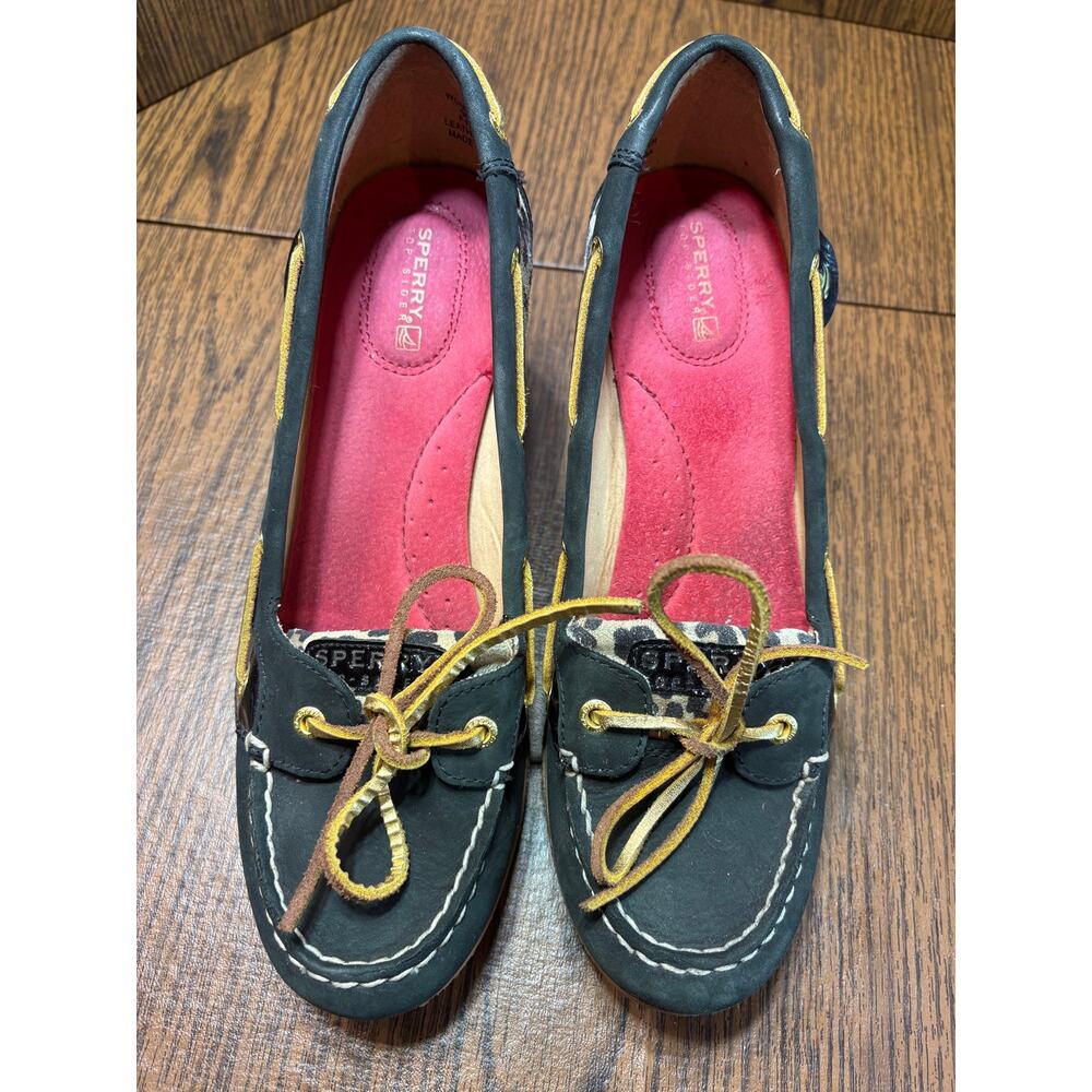 Sperry Women's Goldfish Black Cheetah Wedge Boat Shoe  Size 10